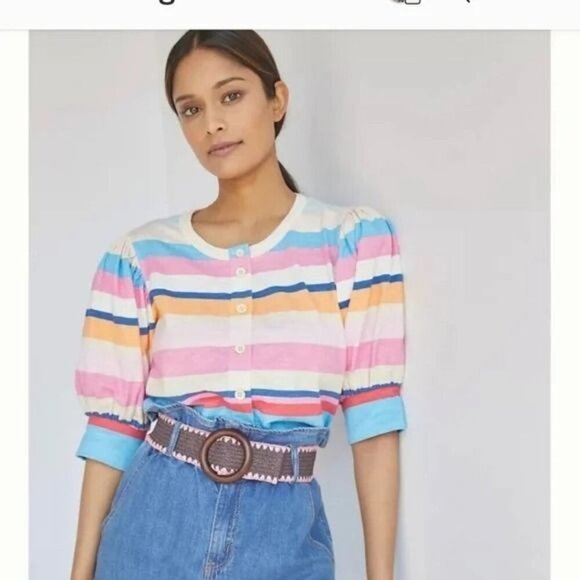 Plenty by Tracy Reece bubble sleeve Stripe Top Medium - Picture 1 of 8